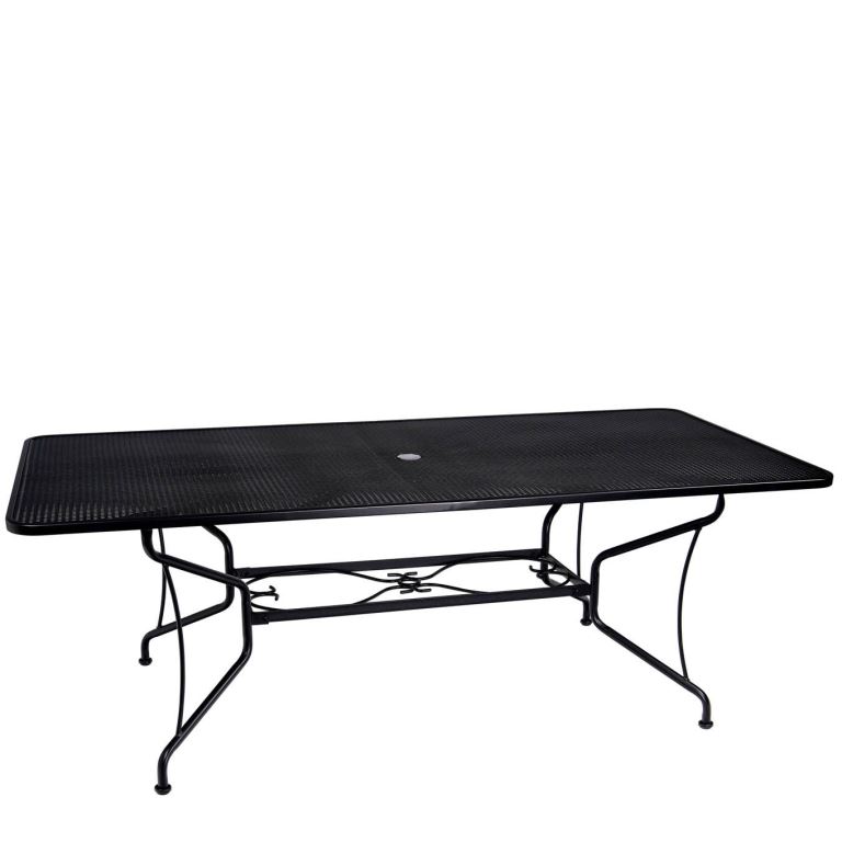 Woodard Deluxe Aluminum 80" Premium Mesh Top Wrought Iron Rectangular Umbrella Dining Table - Multiple Sizes Questions & Answers