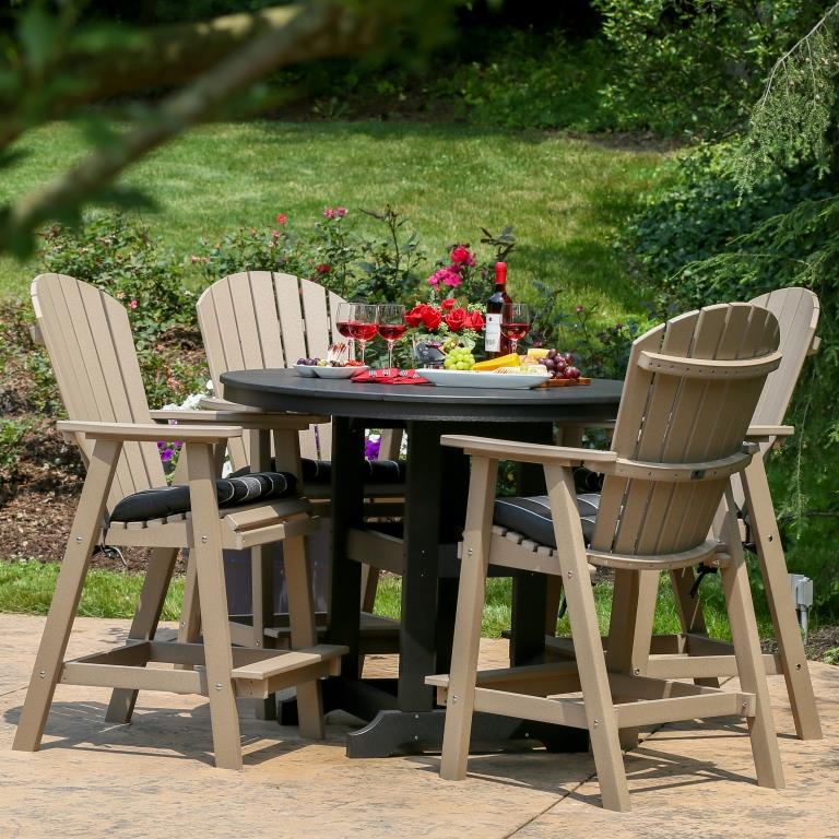 Do you have a 2 seat high table in poly resin with arm chairs and high back