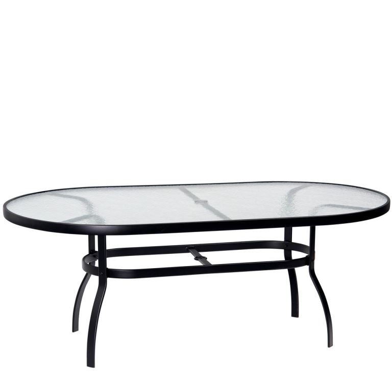 Woodard Deluxe Aluminum Large Obscure Glass Top 74" Oval Umbrella Dining Table Questions & Answers