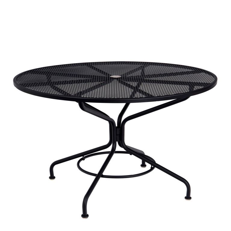 Woodard Mesh Top Wrought Iron 48" Round Dining Umbrella Table - In Stock Cafe Series - Textured Black Questions & Answers