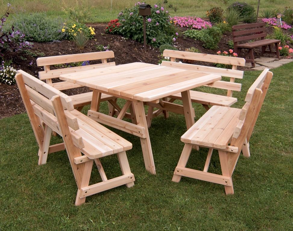 43" Traditional Cedar Square Table with Four Backed Benches Questions & Answers